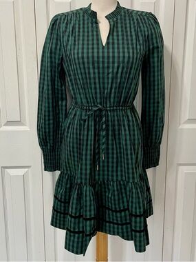 Draper James Green and Black Gingham Long Sleeve Tie-Waist Dress